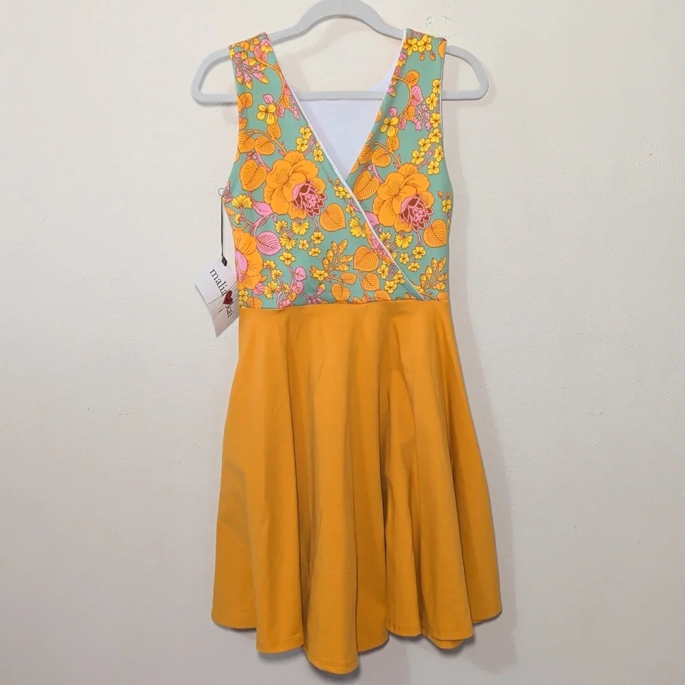 Floral Print Twirl Dress Yellow Blue Cotton Stretch Malia + Kai NEW Girls Size 8